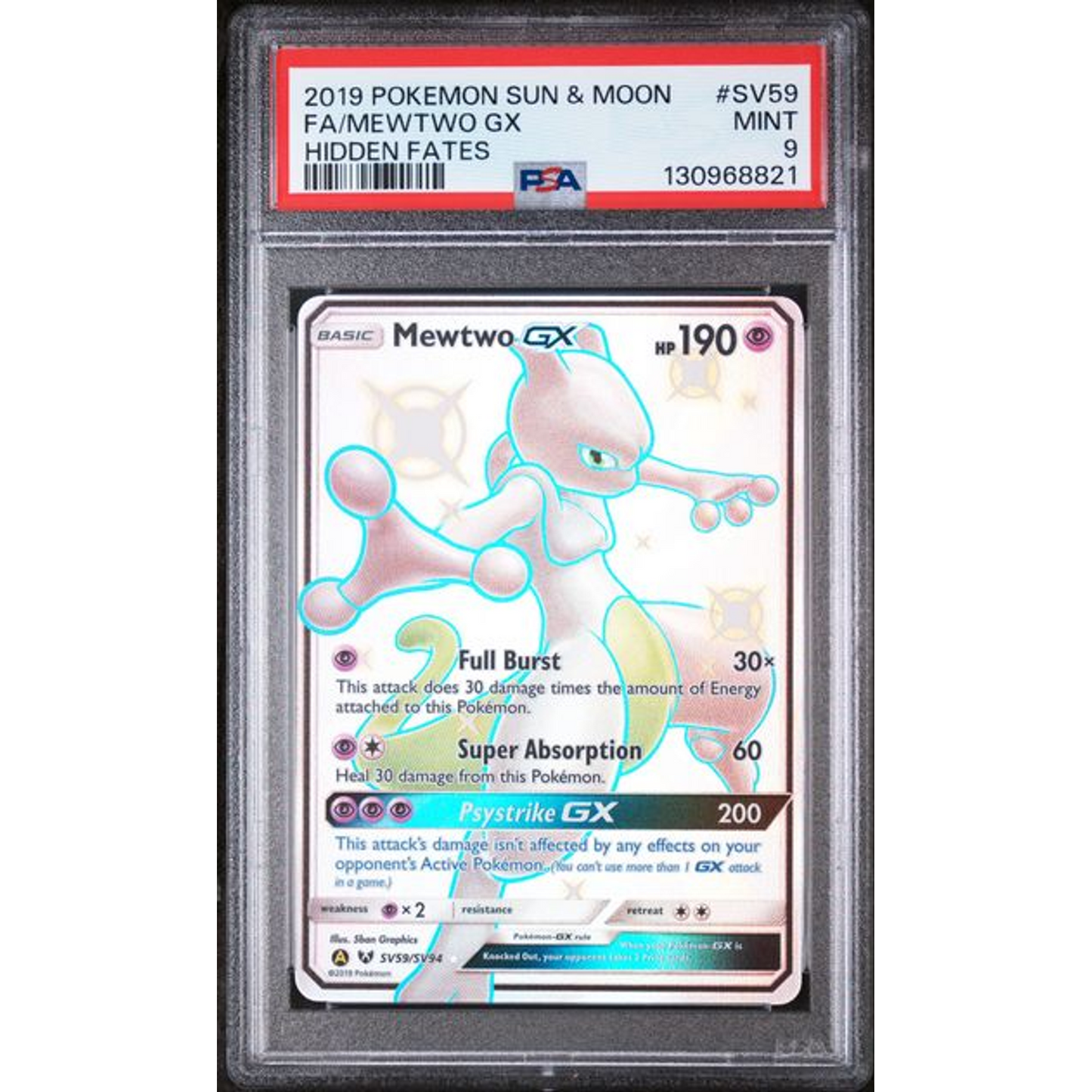 2019 Pokemon Hidden Fates Fa/mewtwo GX #SV59 PSA 9 Front